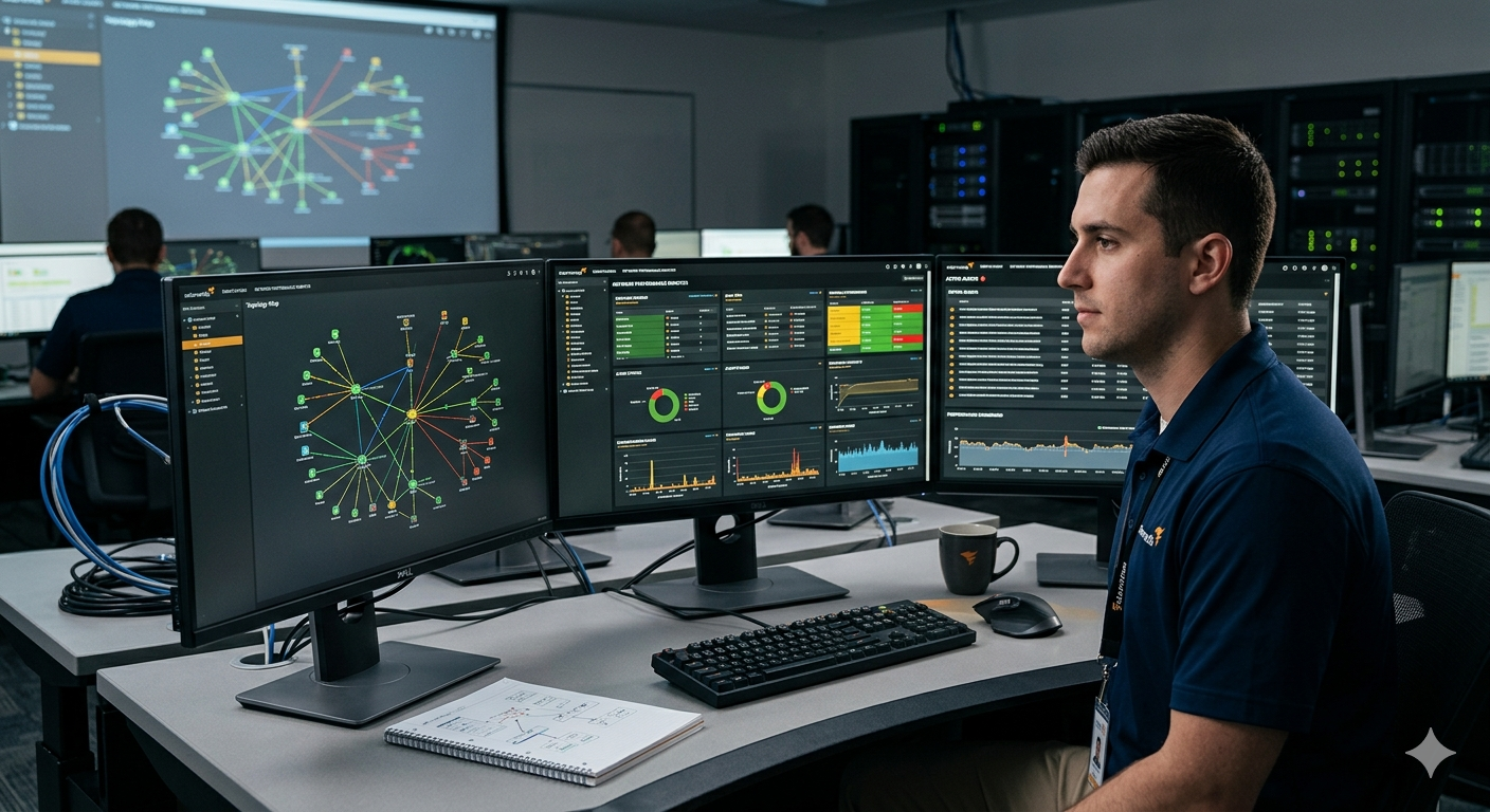 Analista de Netsec monitoreando la red y amenazas en tiempo real desde el centro de operaciones de seguridad (SOC)