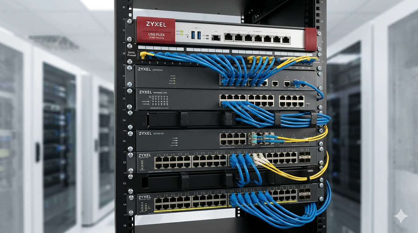 Rack Zyxel con firewall USG FLEX y switches gestionables conectados en un datacenter